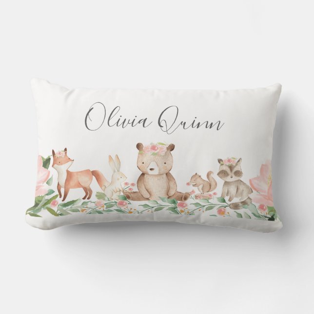 Cute Girl Woodland Animals Pink Baby Lumbar Cushion (Front)