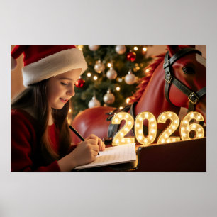 Cute Girl Writes Her Wishes to Santa Claus Poster