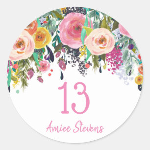 Cute Girls 13th Birthday Party Pink Flower Peach Classic Round Sticker
