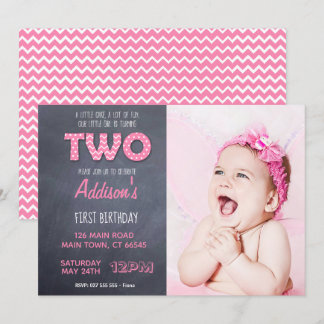 Cute Girls 2nd Birthday Pink Chalkboard Invitation