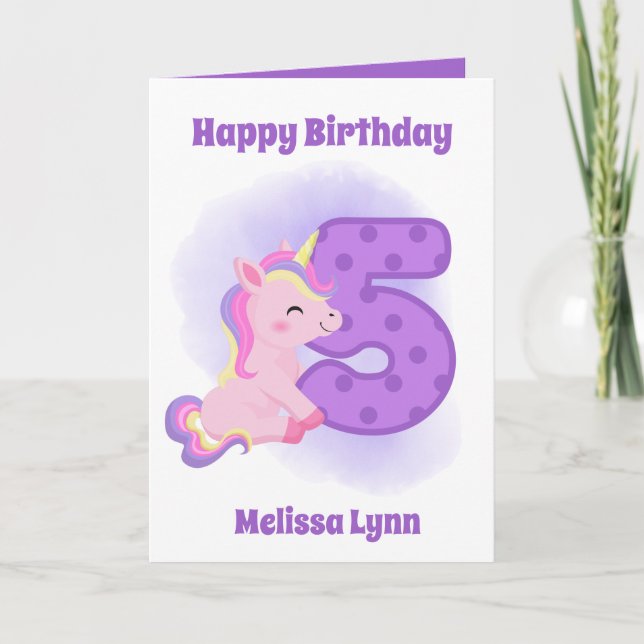 cute girls 5th Birthday unicorn add name sentiment Card (Front)