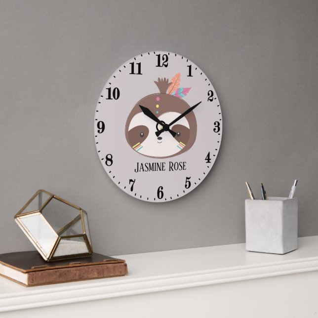 cute girls baby decor sloth add name large clock (Office)