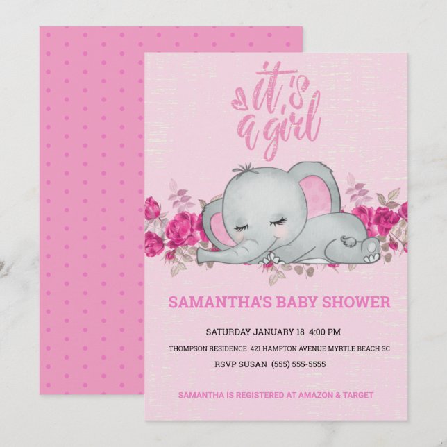Cute Girls Baby Elephant Sleeping Floral Pink  Invitation (Front/Back)
