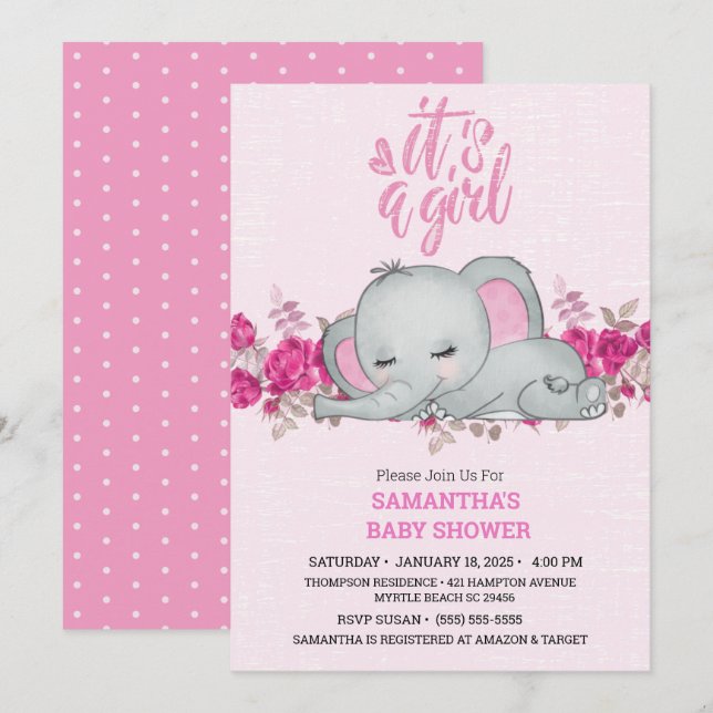 Cute  Girls Baby Elephant Sleeping Floral Pink    Invitation (Front/Back)