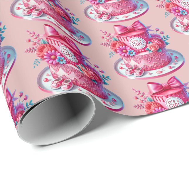 Cute girls baby shower cake tiled party wrapping paper (Roll Corner)