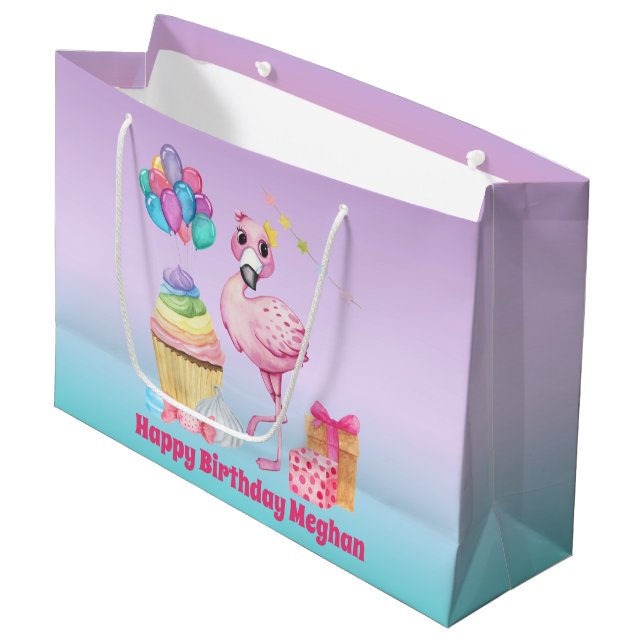 cute girls Birthday flamingo add name Large Gift Bag (Front Angled)