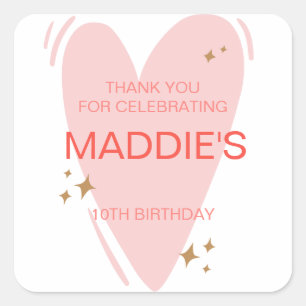 Cute Girls Birthday Party Favor Pink Heart Square Sticker