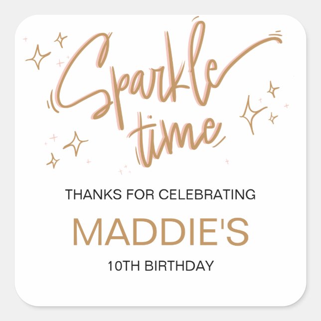 Cute Girls Birthday Party Favor Sparkle Time Square Sticker (Front)