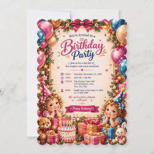 Cute Girls Birthday Party Invitation  Colourful ca