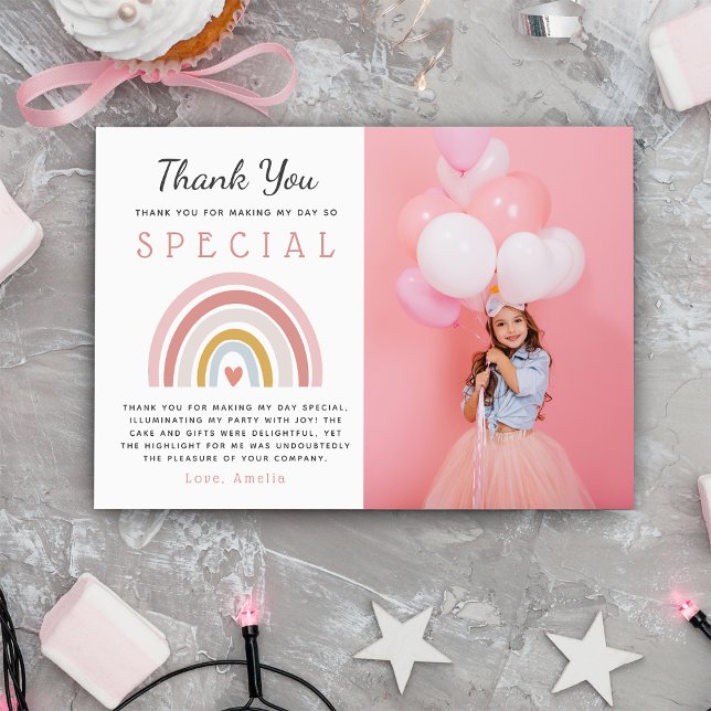 Cute Girls Birthday Pastel Rainbow Party Photo Thank You Card (Creator Uploaded)