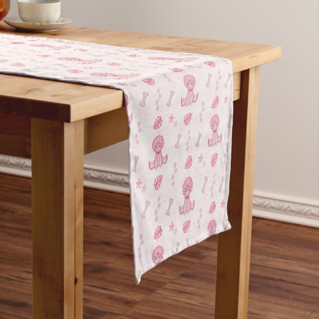 Cute Girls Birthday Pink Dinosaur Short Table Runner (In Situ)