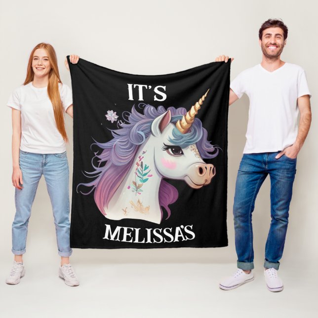 Cute Girls' Black Elegant Purple Magical Unicorn  Fleece Blanket (In Situ)