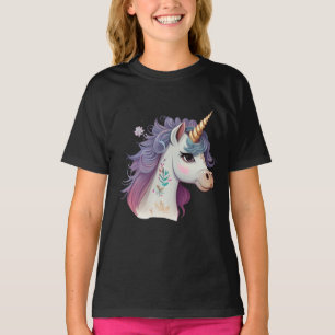 Cute Girls' Black Elegant Purple Magical Unicorn  T-Shirt