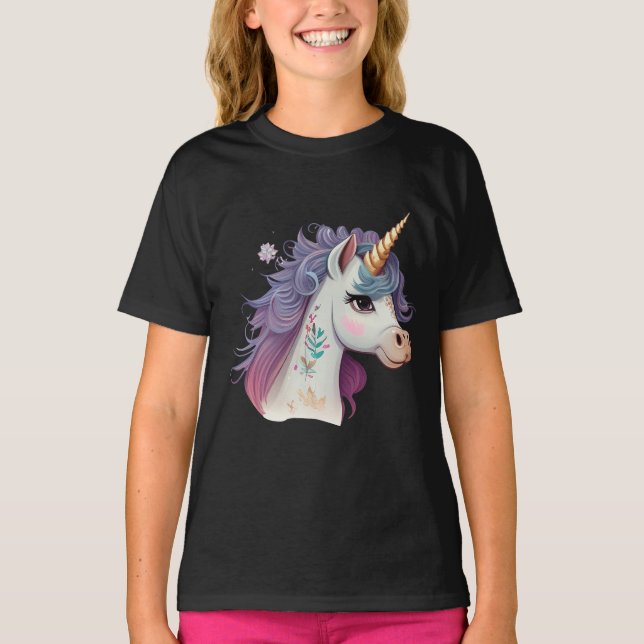 Cute Girls' Black Elegant Purple Magical Unicorn  T-Shirt (Front)