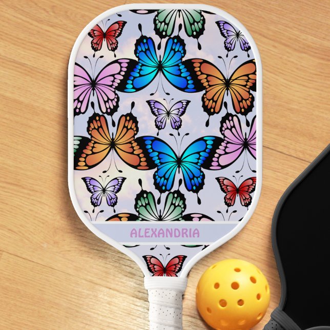 Cute Girls Butterfly Pattern Whimsical Blue Name Pickleball Paddle (cute whimsical colorful butterfly  pattern pickleball paddle)