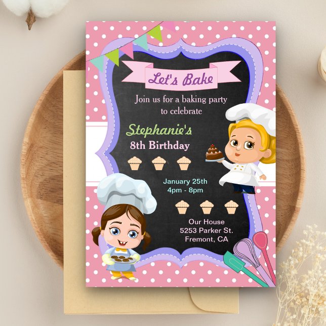 Cute Girls Chef Baking Birthday Party Invitation (Creator Uploaded)
