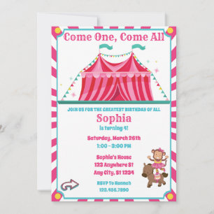 Cute Girl's Circus Carnival Birthday Invitation