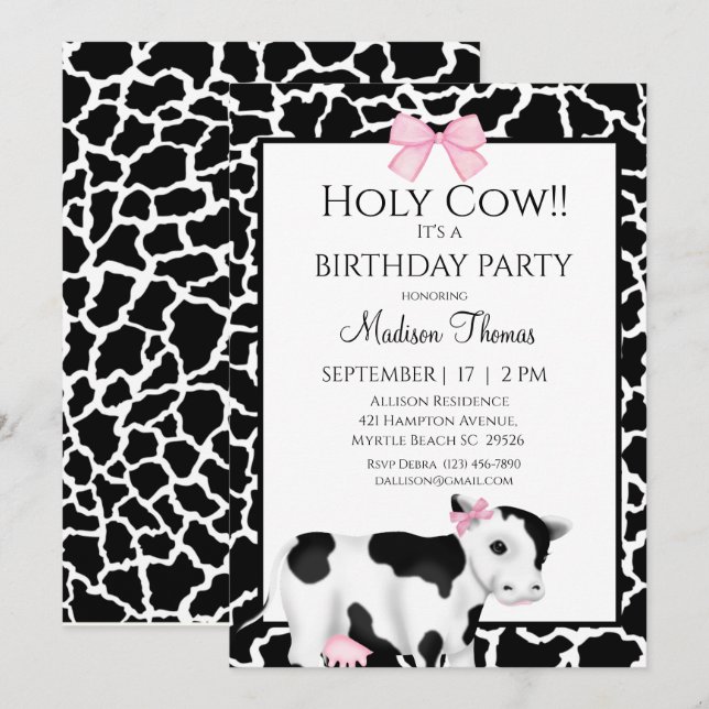 Cute Girls Cow Print Birthday Party Invitation (Front/Back)