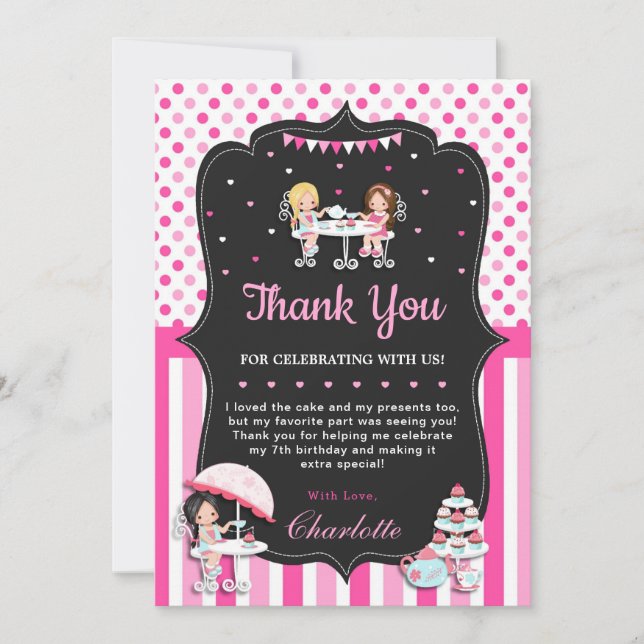 Cute Girls Cupcake High Tea Party Birthday Pink Thank You Card (Front)