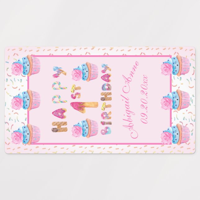 Cute Girls Cupcakes Happy 1st Birthday Labels (Design 1)