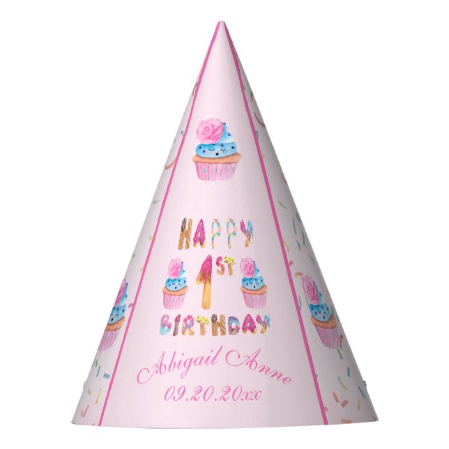 Cute Girls Cupcakes Happy 1st Birthday Party Hat (Front)