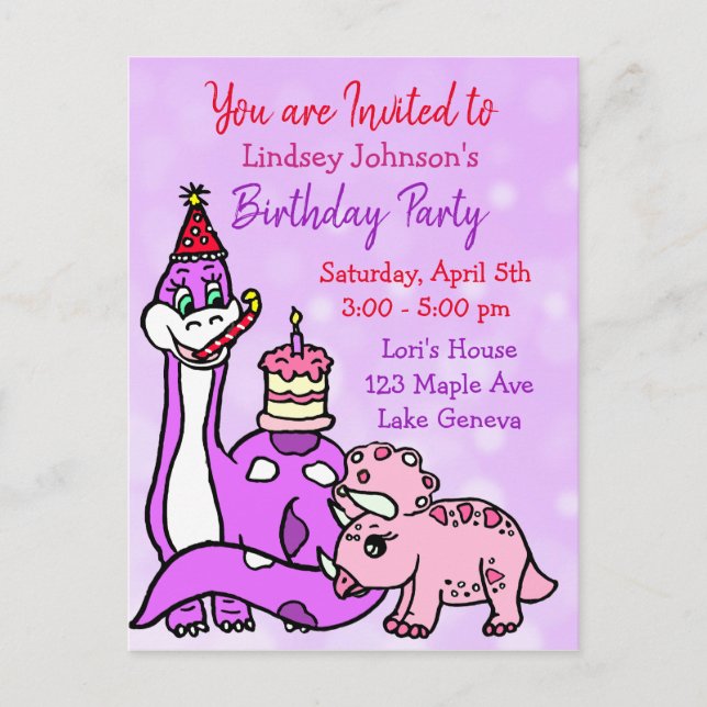 Cute Girl's Dinosaur Birthday Party Invitations (Front)