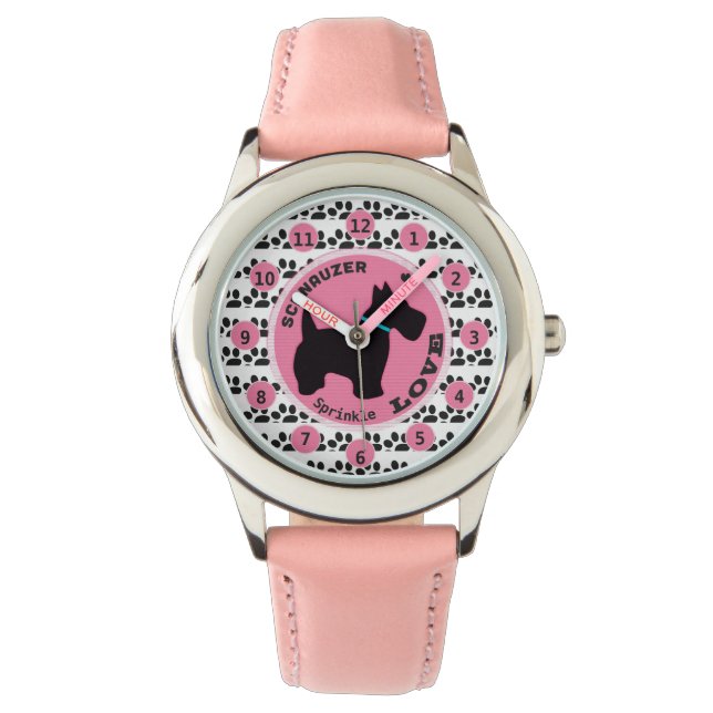 Cute Girls Dog Paw Schnauzer Kids Personalise Name Watch (Front)