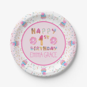 Cute Girls Donuts   Cupcakes Happy 1st Birthday Paper Plate