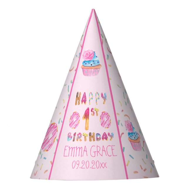 Cute Girls Donuts | Cupcakes Happy 1st Birthday Party Hat (Front)