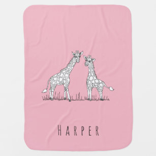 Cute Girl's Doodle Giraffe Safari Pop & Name Baby Blanket