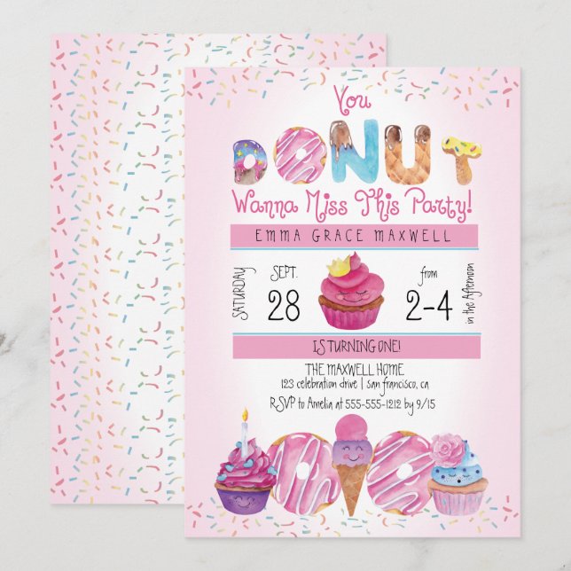 Cute Girls Doughnuts | Cupcakes 1st Birthday Party Invitation (Front/Back)