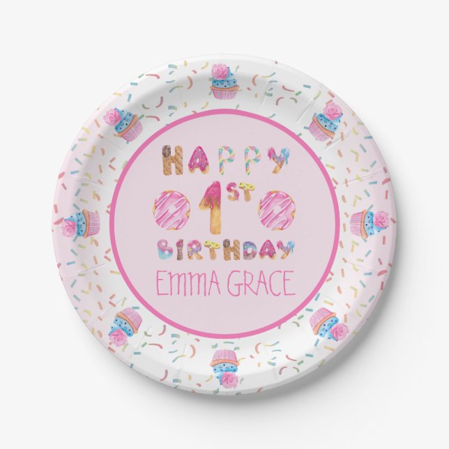 Cute Girls Doughnuts | Cupcakes Happy 1st Birthday Paper Plate (Front)