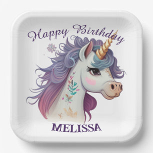 Cute Girls Elegant Purple Magical Unicorn Birthday Paper Plate