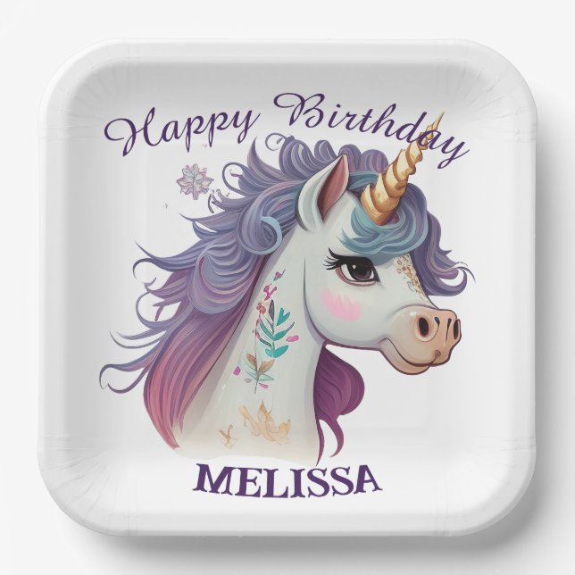 Cute Girls Elegant Purple Magical Unicorn Birthday Paper Plate (Front)