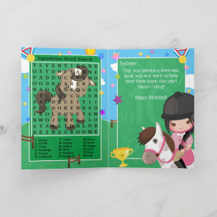 Cute Girls Equestrian Word Search Happy Birthday Card