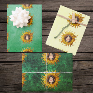 Cute Girls Face Middle of Yellow Sunflower Greens Wrapping Paper Sheet