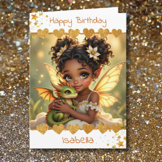 Cute Girl's Fairy and Dragon Themed Birthday Card
