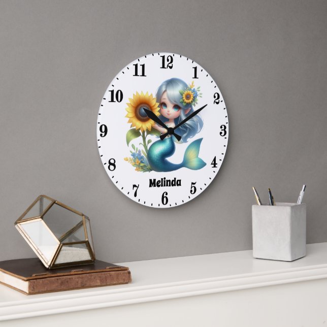 Cute girls fantasy mermaid add name  large clock (Office)