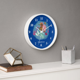 cute girls fantasy mermaid add name Large Clock