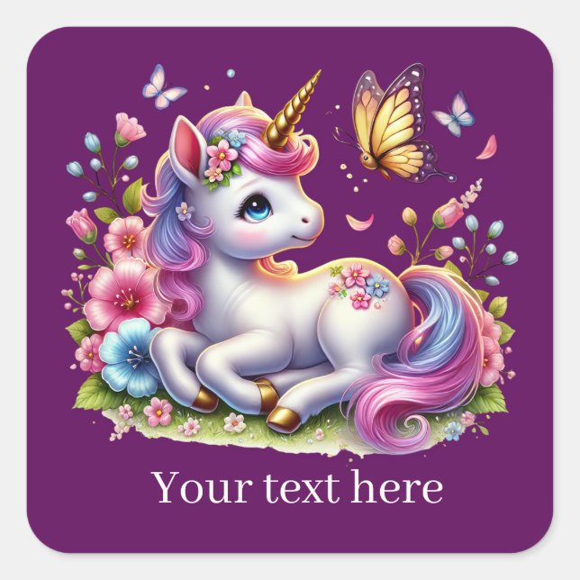 Cute girls fantasy unicorn add text  square sticker (Front)