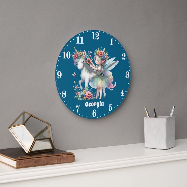 Cute girls fantasy unicorn fairy add name  large clock (Office)
