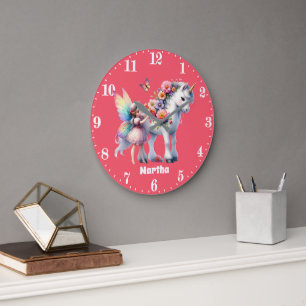 Cute girls fantasy unicorn fairy add name large clock