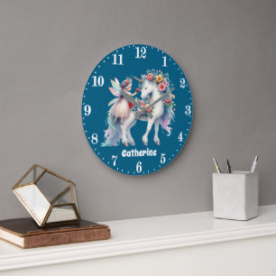 Cute girls fantasy unicorn fairy add name large clock