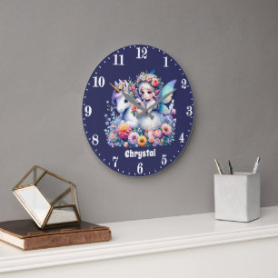 Cute girls fantasy unicorn fairy add name large clock