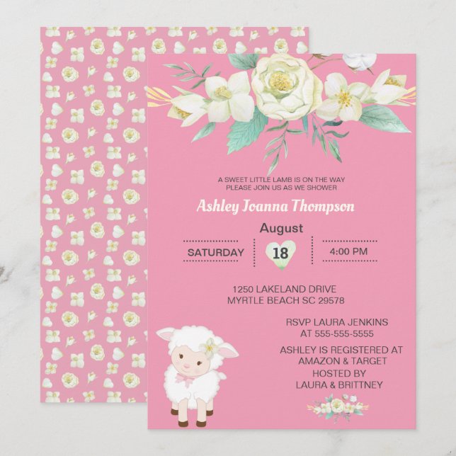 Cute  Girls Floral Lamb  Baby Shower Invitation (Front/Back)