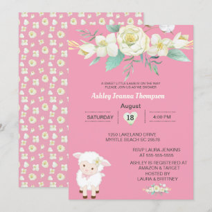Cute Girls Floral Lamb Baby Shower Invitation