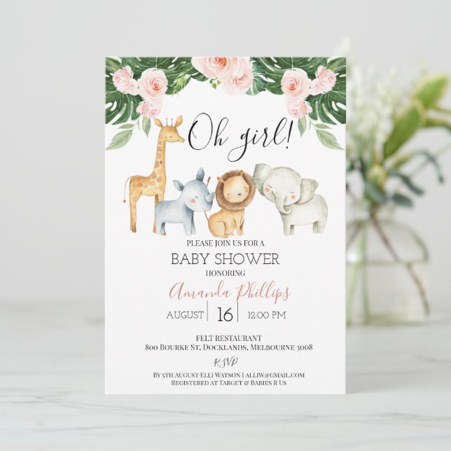 Cute Girls Floral Safari Animals Baby Shower Invitation (Standing Front)