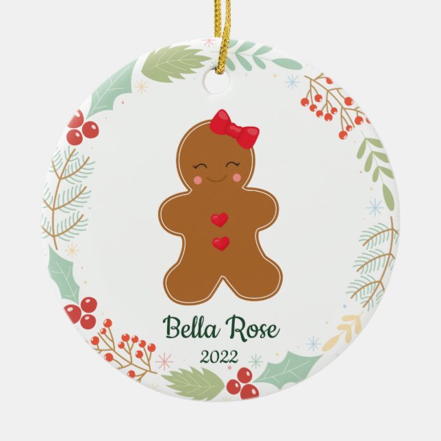 Cute Girls Gingerbread Girl Personalised Christmas Ceramic Tree Decoration (Front)