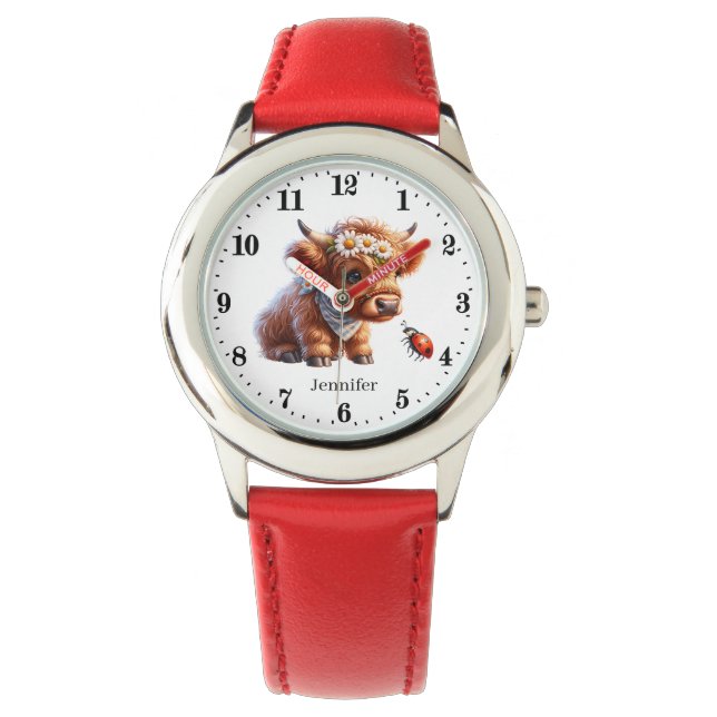 Cute girls highland cow add name watch (Front)