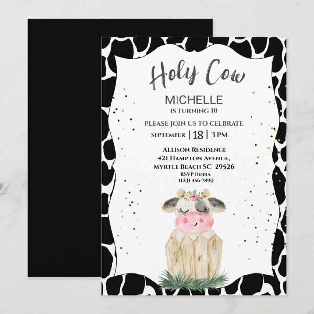 Cute Girls Holy Cow Birthday Party Invitation (Front/Back)